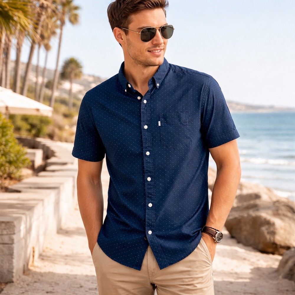 Levi’s Short Sleeve Button Down Shirt Navy Micro Print‎ Size Large 100% Cotton